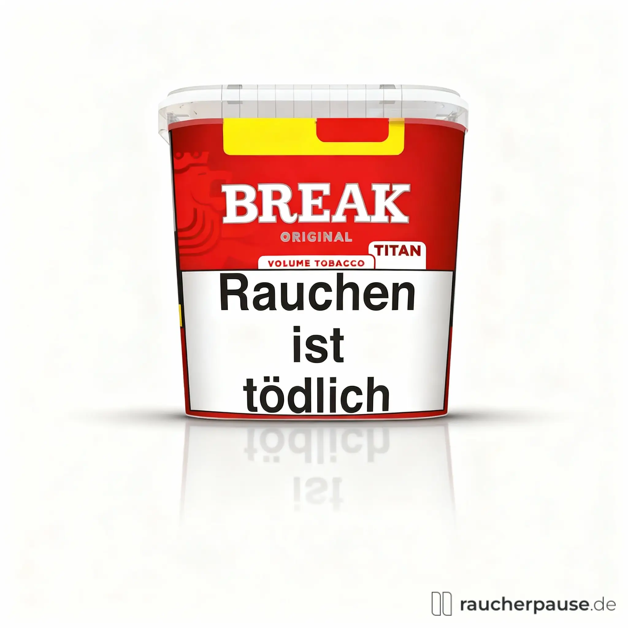 Break Original Titan Volumentabak 300g in roter quadratischer Dose mit transparenter Deckelöffnung und stilisiertem Vogel-Logo in weißen Buchstaben auf gelbem Hintergrund.
