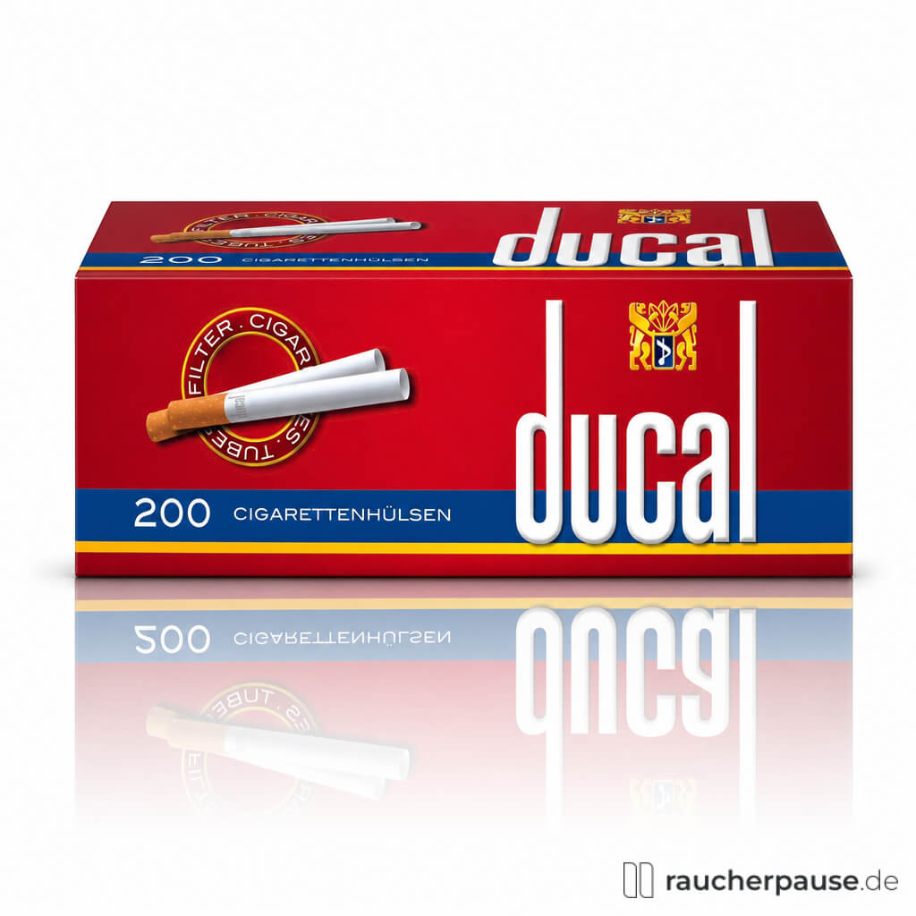 Rote Dose mit weißen Ducal-Schriftzug und stilisiertem Zylinder-Logo, gefüllt mit 200 Filterhülsen.