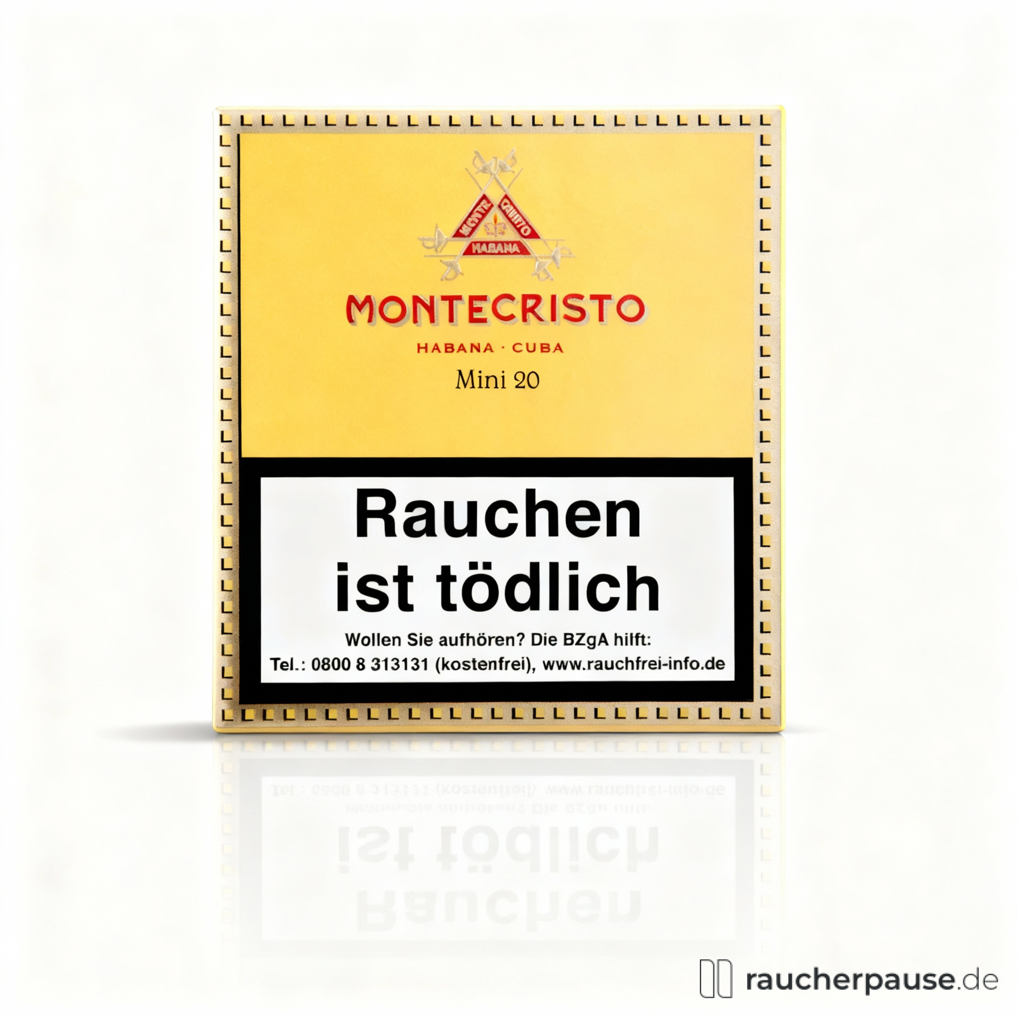 Montecristo Mini Zigarillos in eleganter Dose mit gelbem Hintergrund und rotem Logo aus Habana, Kuba, für kubanischen Genuss.