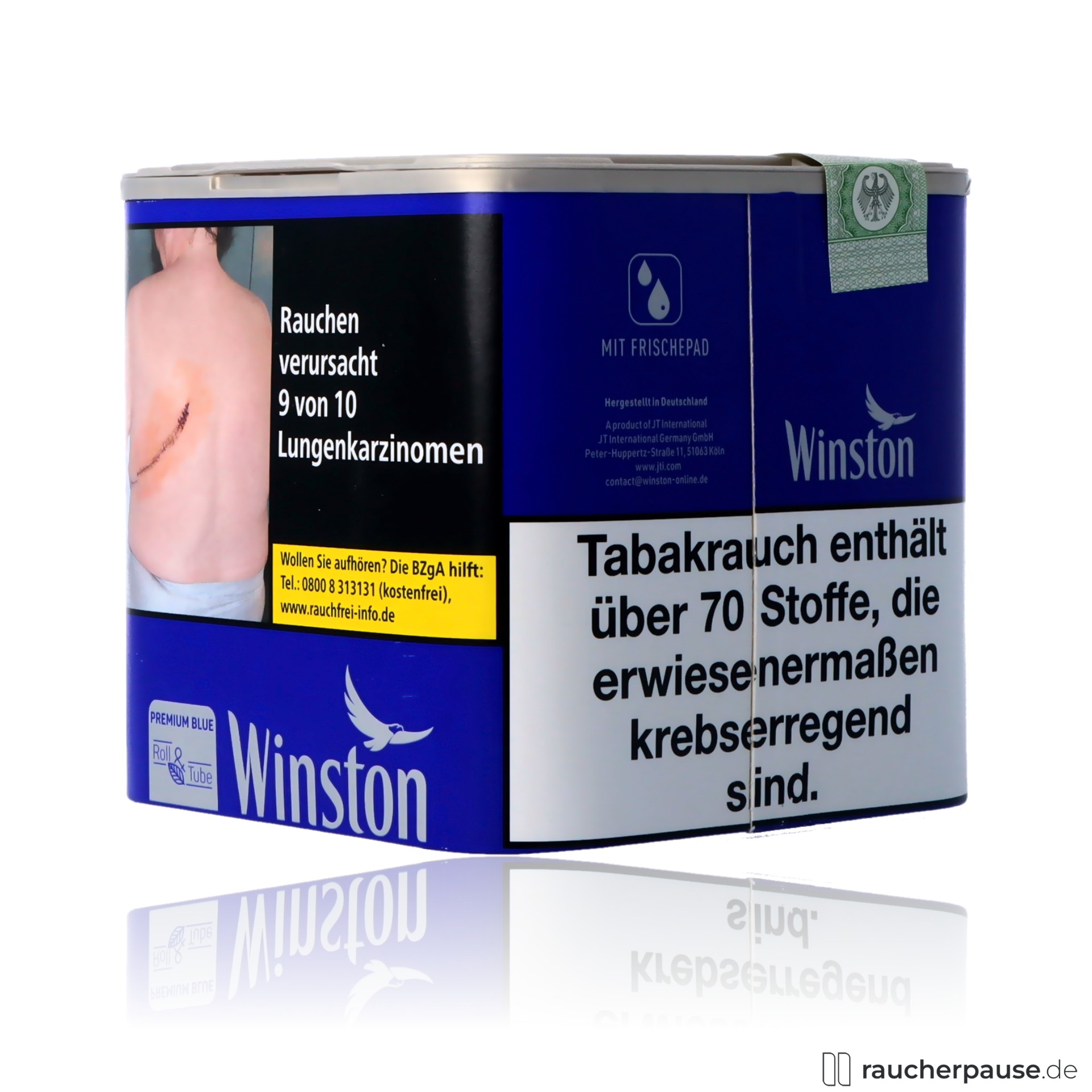 winston blue small tabak 60g dose american blend milder volumentabak , packshot seitlich