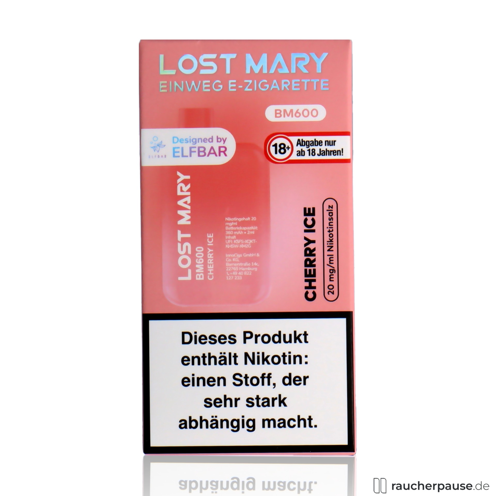 lost mary, lost mary einweg e zigarette cherry ice ml nikotin zuege, packshot vorderseite