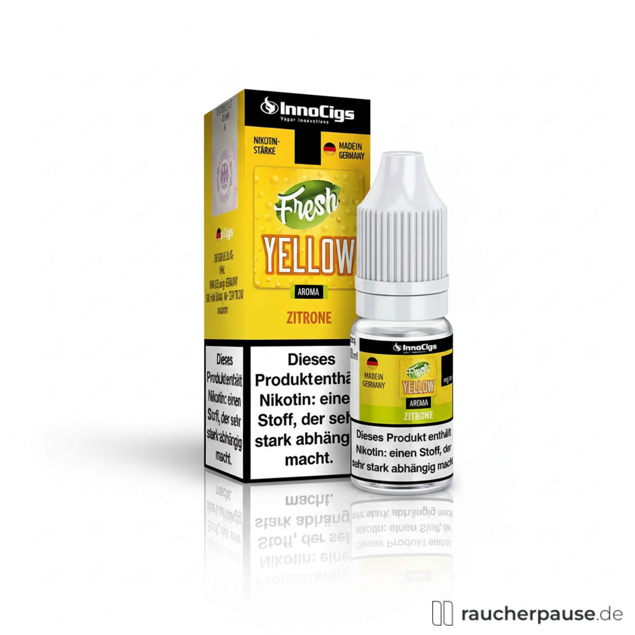 InnoCigs Fresh Yellow E-Liquid Zitrone für E-Zigarette, 10 ml, 9 mg/ml Nikotin, in transparentem Fläschchen mit gelbem Etikett und Zitronenschnitzmotiv.