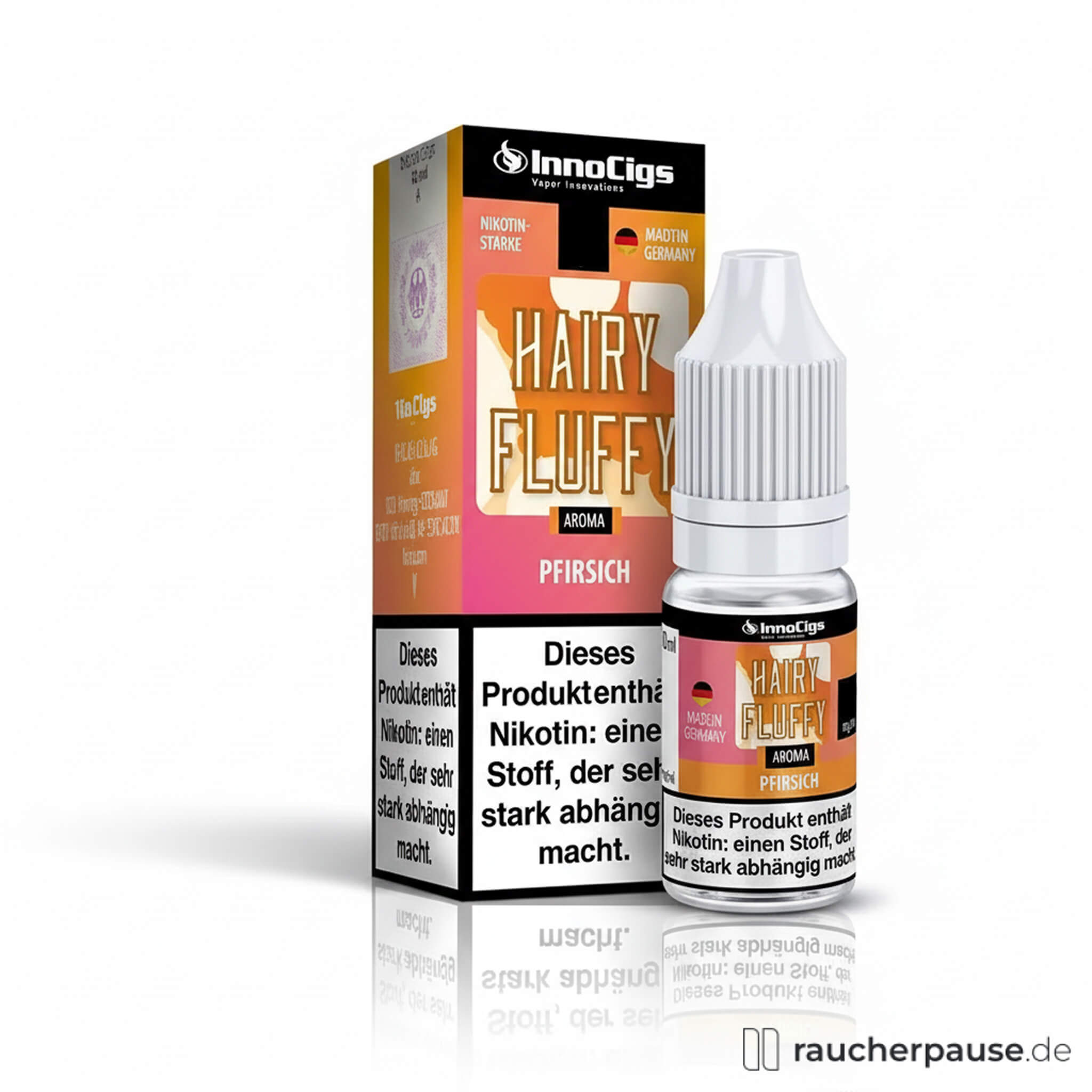 InnoCigs Hairy Fluffy E-Liquid Pfirsich Mix 10ml 18mg Nikotin in quadratischer Dose mit orange-rosa Design und stilisiertem Logo.