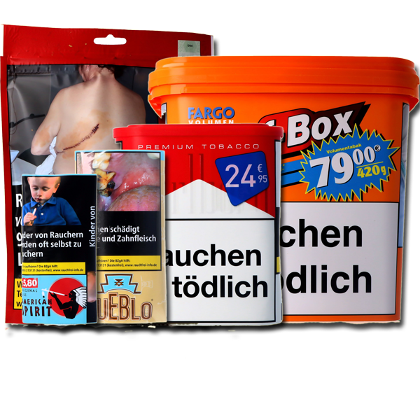 Übersicht Produkte Kategorie Tabak, Feinschnitt, Volumentabak, Pouches, ZIP Beutel