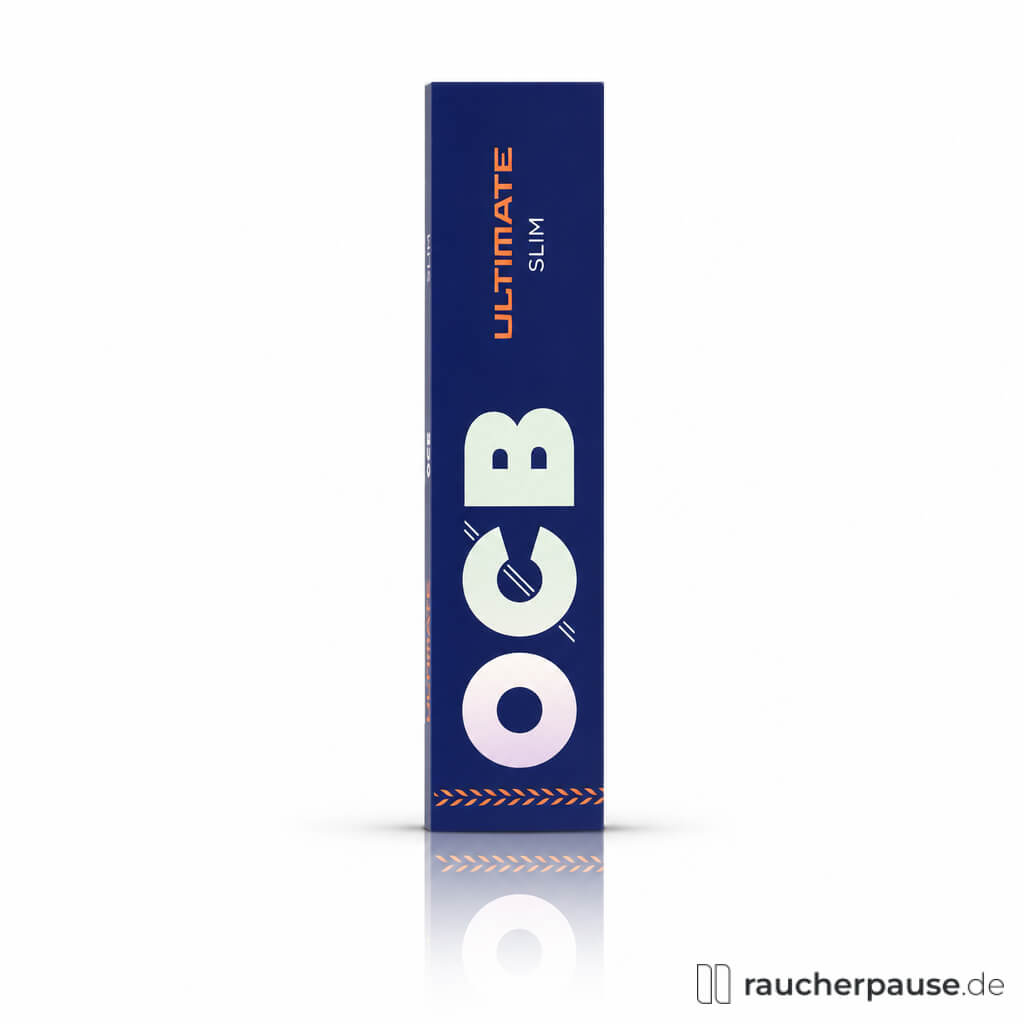 OCB Ultimate Slim Zigarettenpapier, 32 Blättchen, in einer blauen, schlanken Box mit weißem OCB-Logo und orangefarbenem Schriftzug.