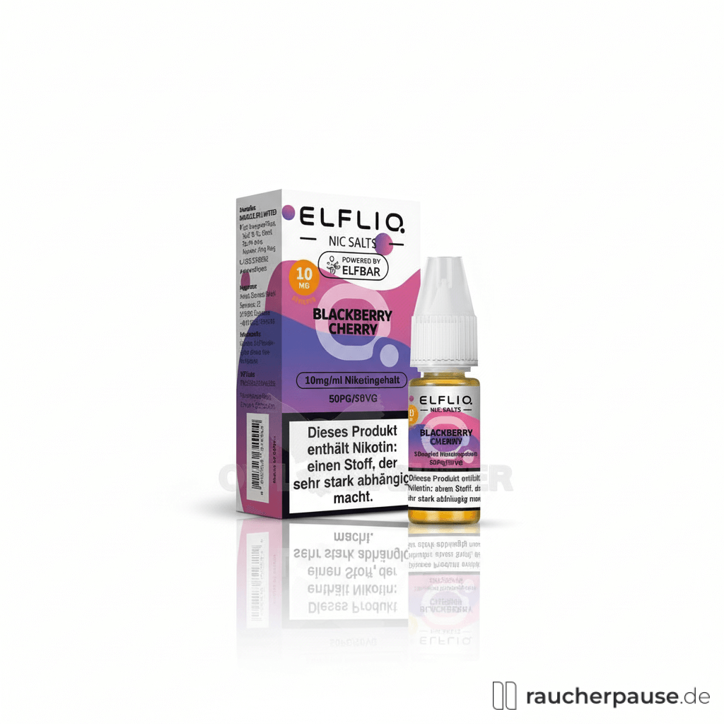 Elfliq Blackberry Cherry Nikotinsalz Liquid 10 mg/ml in 10ml Flasche für Pod E-Zigaretten, kompatibel mit Elfbar, Elfa & MTL Pods, mit dunkelroter Flüssigkeit und weißem Etikett.