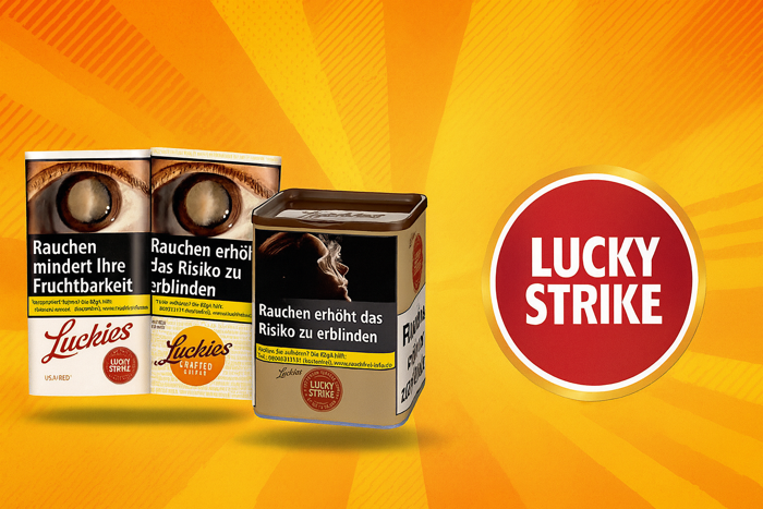 Lucky Strike Tabak Banner mit 3 Produkten: Pouches und Tabak Dose