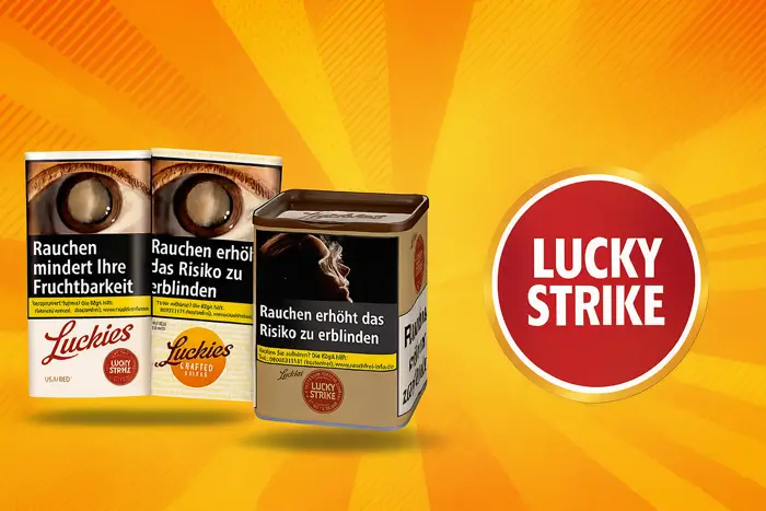 Lucky Strike Tabak Banner mit 3 Produkten: Pouches und Tabak Dose