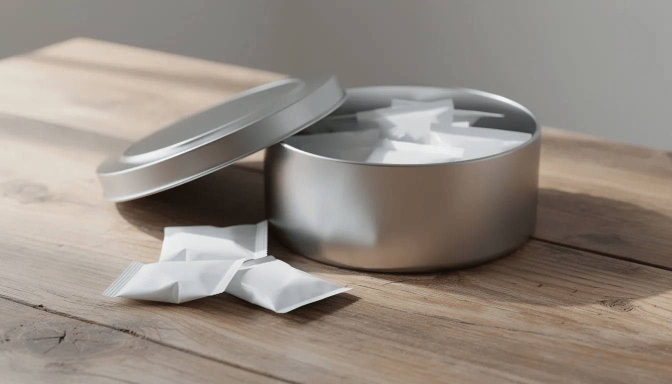 Chewing Bag Dose auf einem Holztisch