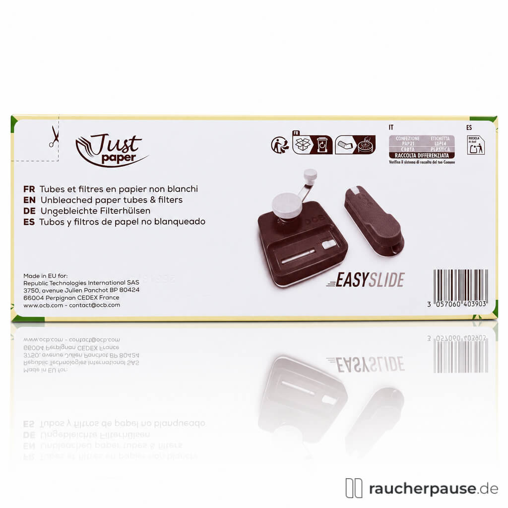 OCB Just Paper Regular Filterhülsen ungebleicht, 250 Stück, in weiß-grüner Box mit Logo verpackt