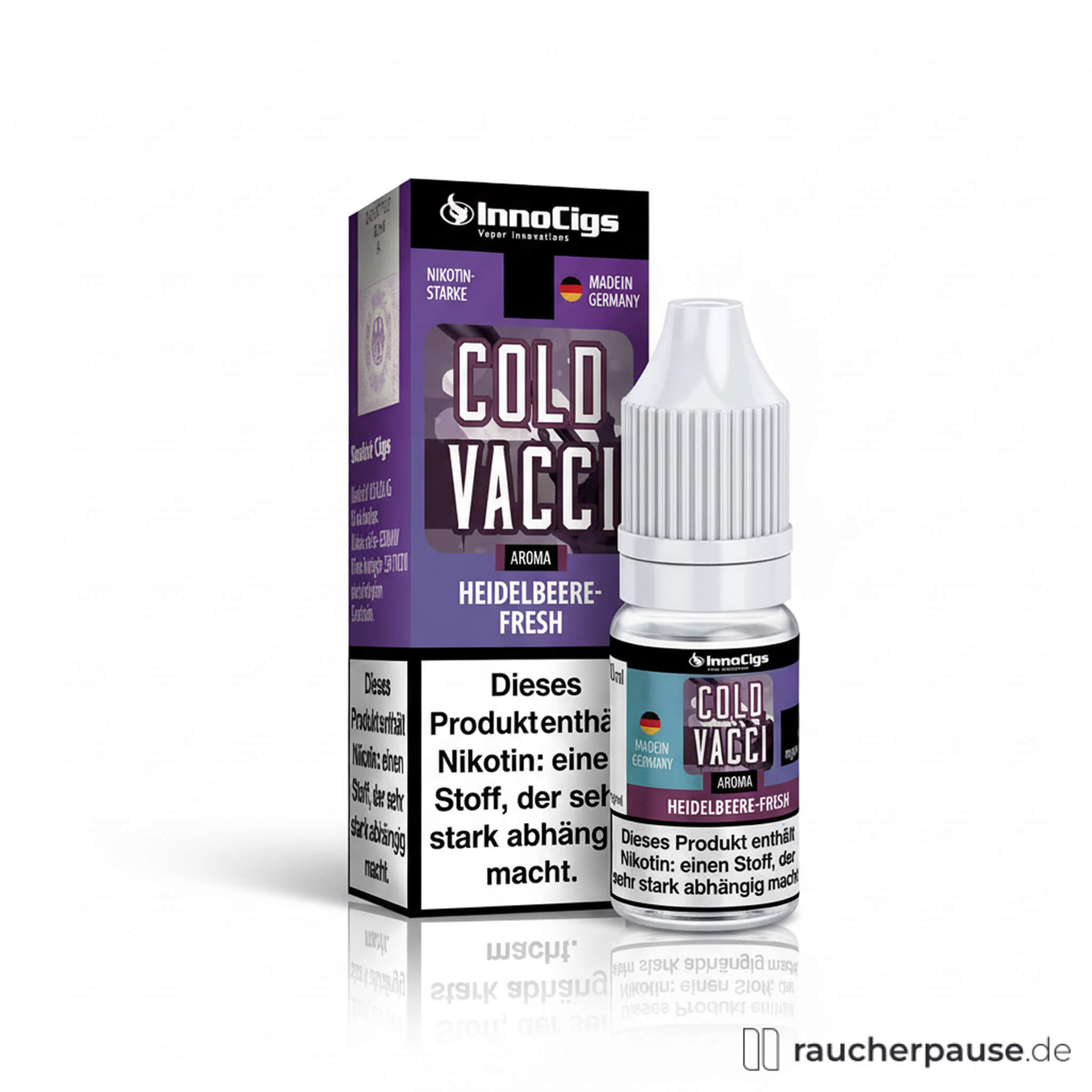 InnoCigs Cold Vacci E-Liquid in 10ml Flasche mit Heidelbeere-Minzpastille-Design und 18mg Nikotin-Stärke für E-Zigaretten und Clearomizer.