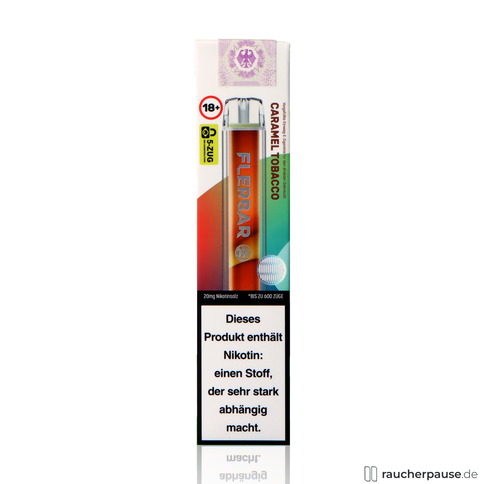 Flerbar Einweg Vape | Caramel Tobacco | 600 Züge | 20 mg/ml Nikotin | Karamell & Tabak flerbar, flerbar einweg vape caramel tobacco zuege ml nikotin karamell tabak, packshot vorderseite