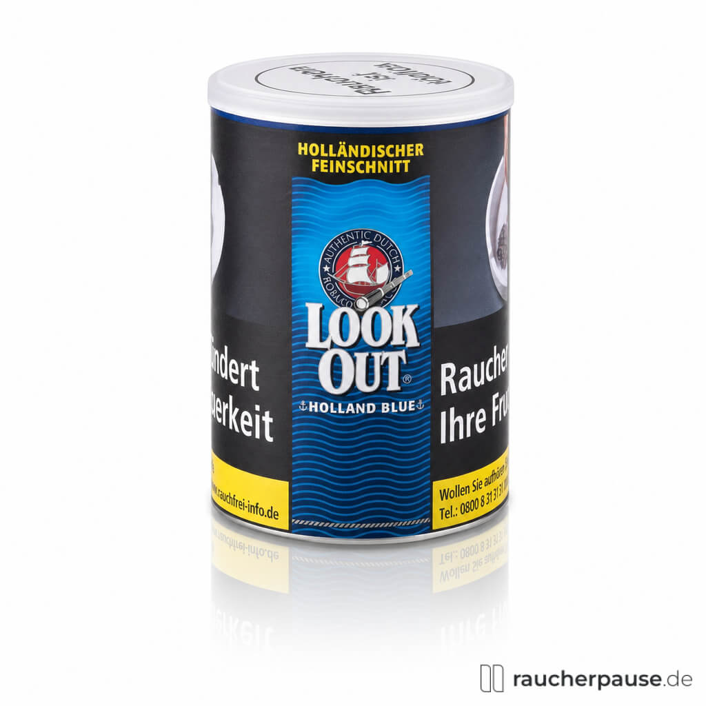 Look Out Holland Blue in 150g Dose mit schwarzem Design, blauem Streifen und klassischem Logo mit rotem Schiff auf weißem Hintergrund.