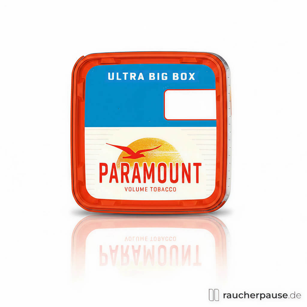 Paramount Volumentabak Rot Ultra Big Box, 480g, in quadratischer orangefarbener Dose mit blau-weißem Logo und stilisiertem Vogel.