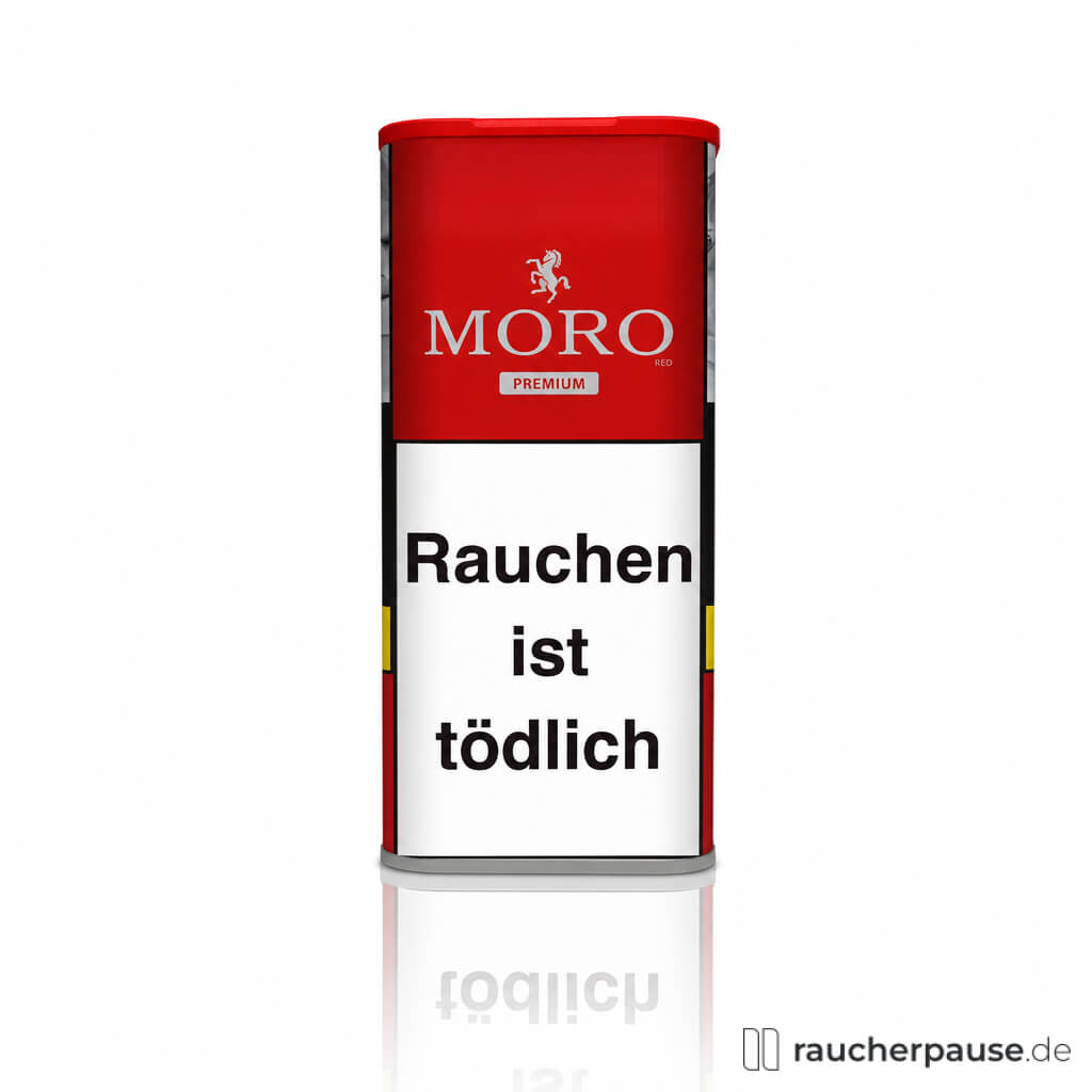 Moro Red Premium Volumentabak in einer eleganten, roten Dose mit schwarz-weißem Logo, 260g.