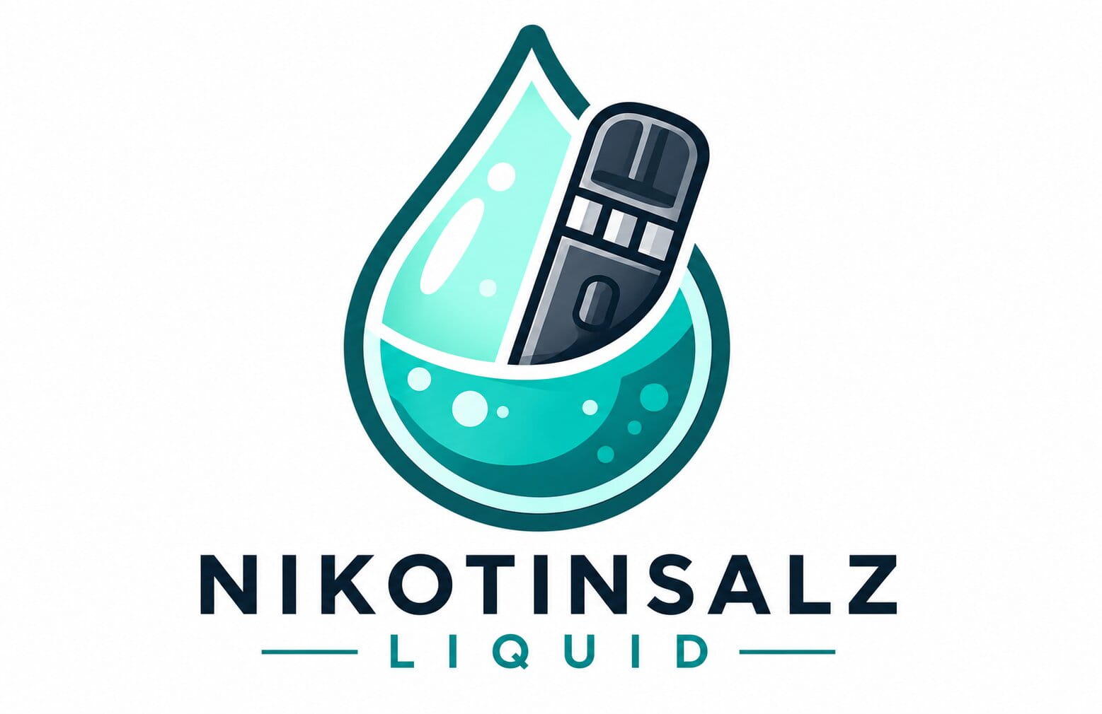 Nikotinsalz Liquid Logo mit Liquid-Tropfen und Pod-System Symbol in Türkis