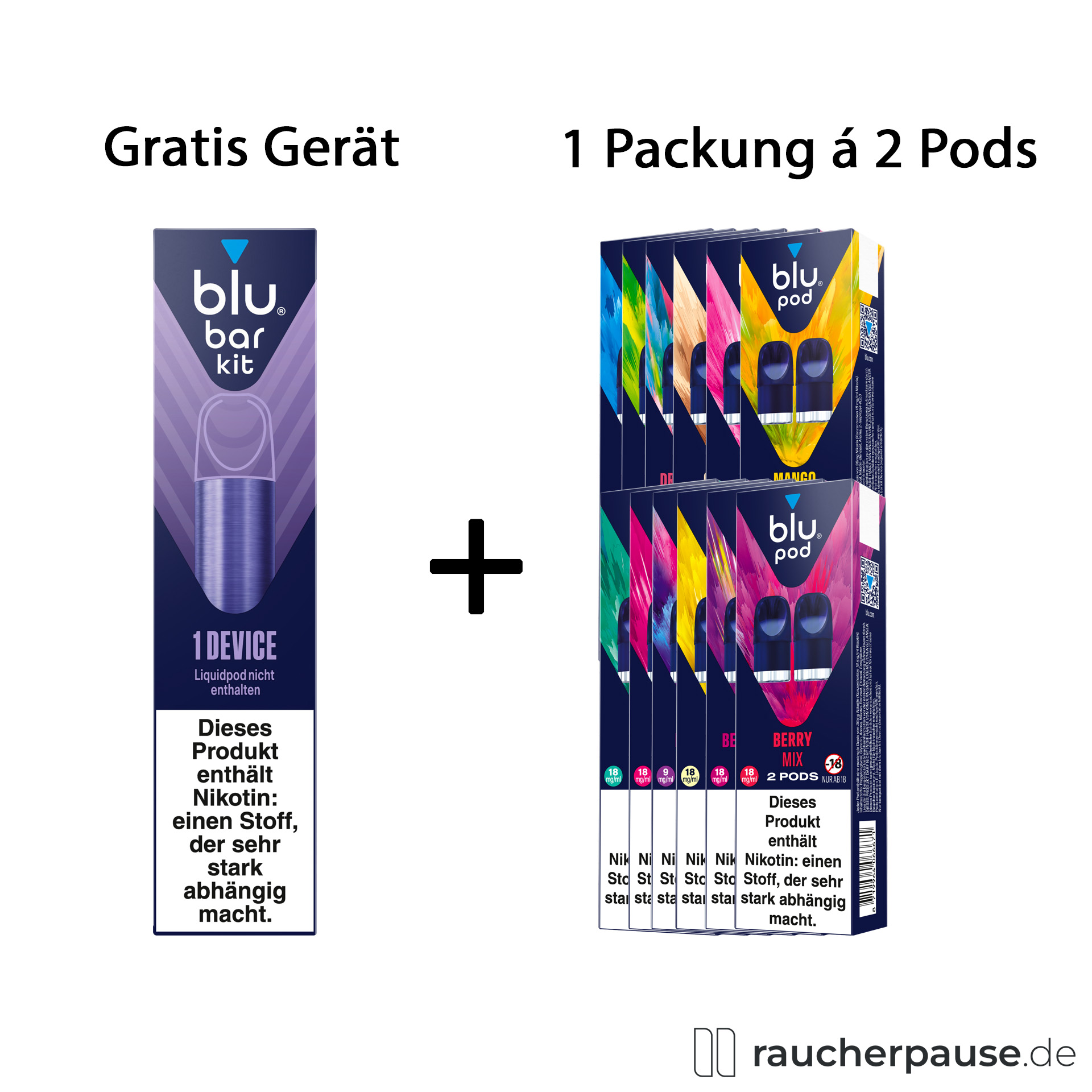 Das blu bar Starter-Set in dunkelblau-lila Verpackung mit weißem Logo und enthaltenem E-Zigarette-Gerät sowie zwei Pods.