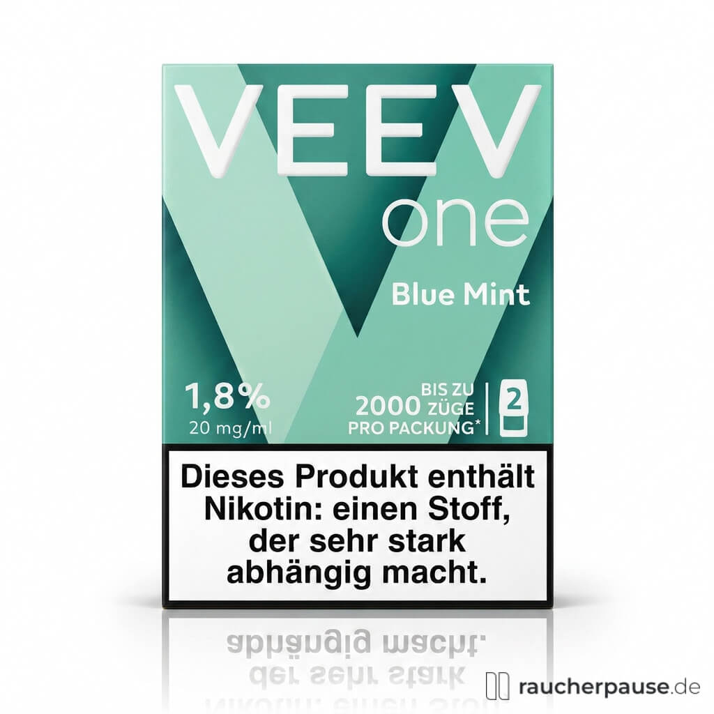 VEEV One Pods Blue Mint 20mg Nikotin in moderner, minimalistischer Verpackung mit grünem Design und weißem Logo auf der Vorderseite.