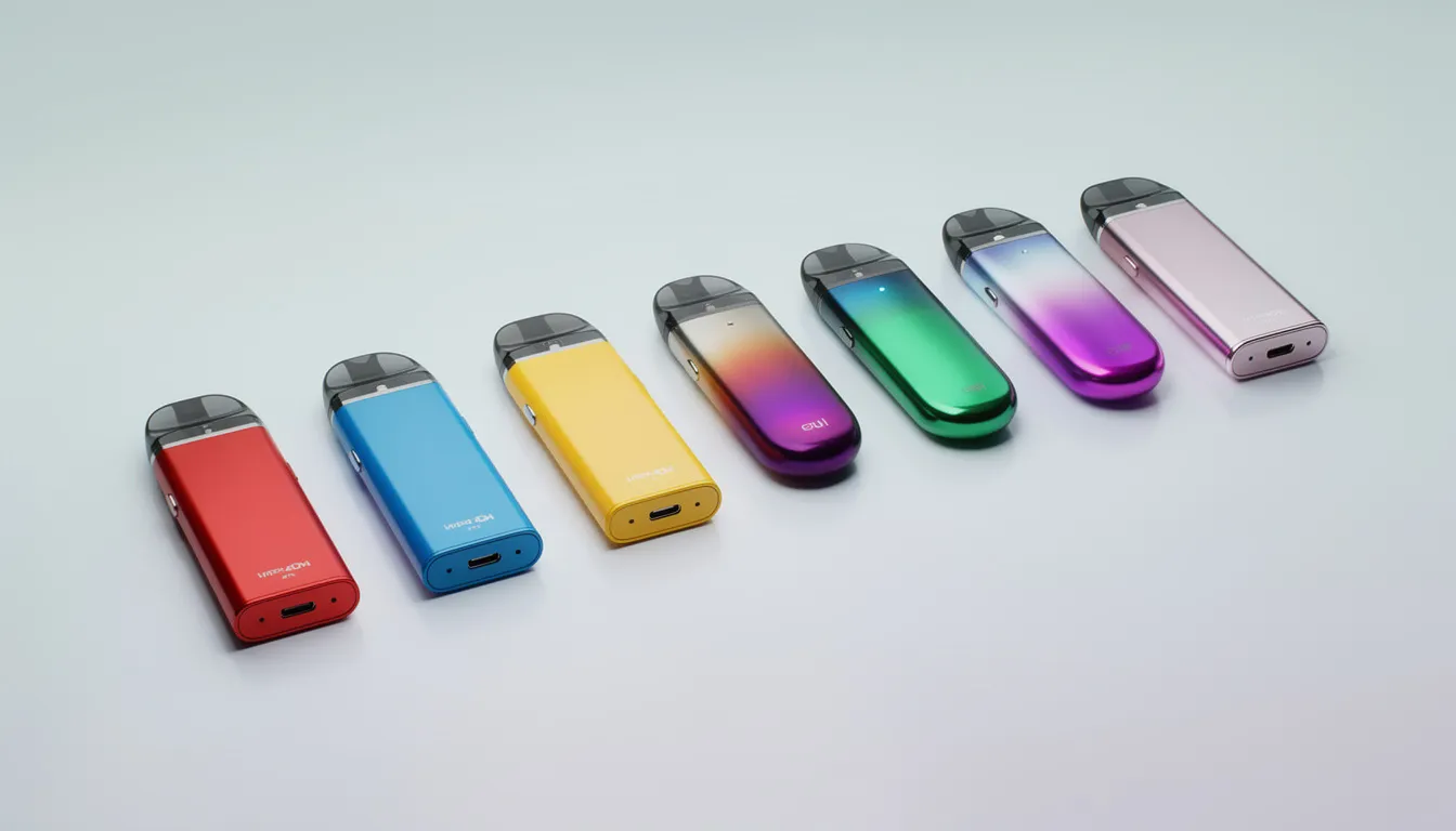 Unterschiedliche Mehrweg Vapes liegen auf einem Tisch vor einem grauen Hintergrund