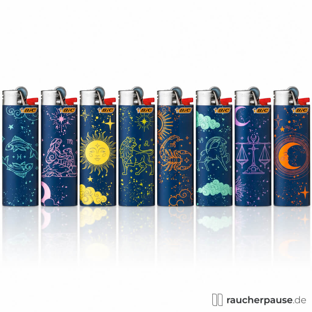 BIC Maxi J26 Feuerzeug in verschiedenen Sternenmotivverpackungen mit blauen und bunten Sternen, gelbem BIC-Logo und Dosenverpackung.