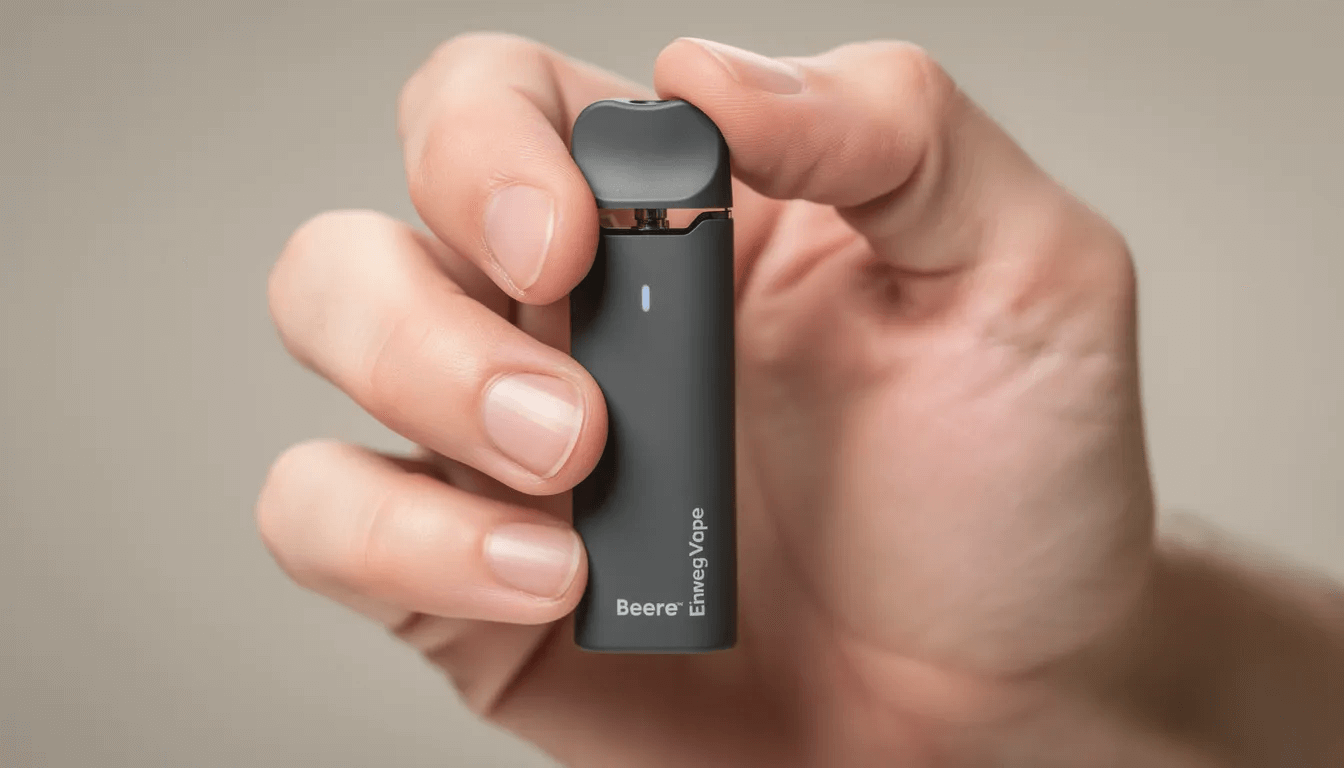 Die Nahaufnahme zeigt eine Hand, die einen kompakten Einweg Vape, speziell das Modell Elf Bar 600, hält. Der Vape ist in einem eleganten Design und bietet eine Vielzahl von Geschmacksrichtungen, ideal für ein intensives Dampferlebnis.