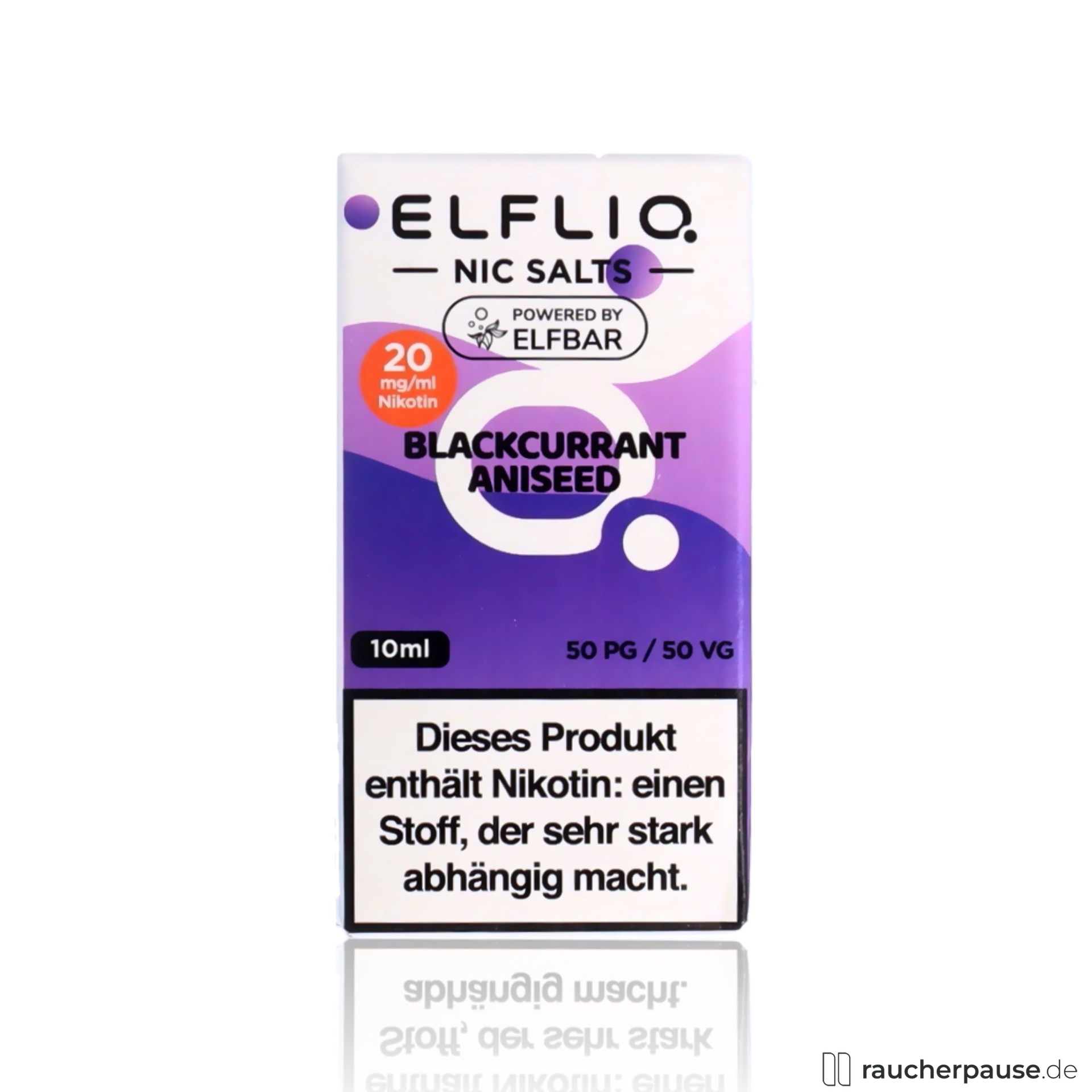 ELFBAR ELFLIQ Blackcurrant Aniseed 20mg Nikotinsalz 10ml Liquid in lila-weißer Dose mit kreisförmigem Logo.