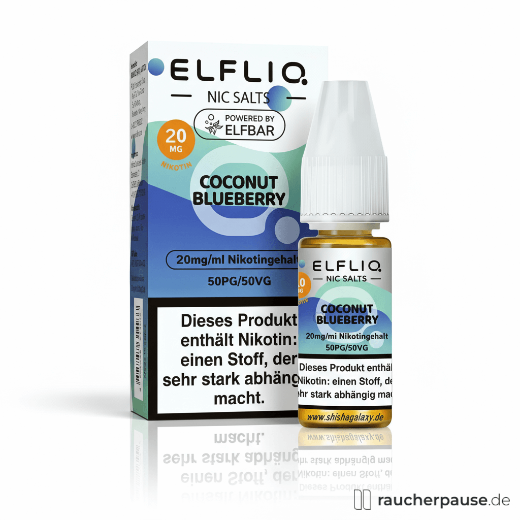 Elfliq Coconut Blueberry Nikotinsalz Liquid 20mg/ml für Pod E-Zigaretten in 10ml Flasche mit blauem Etikett und weißem Hintergrund.