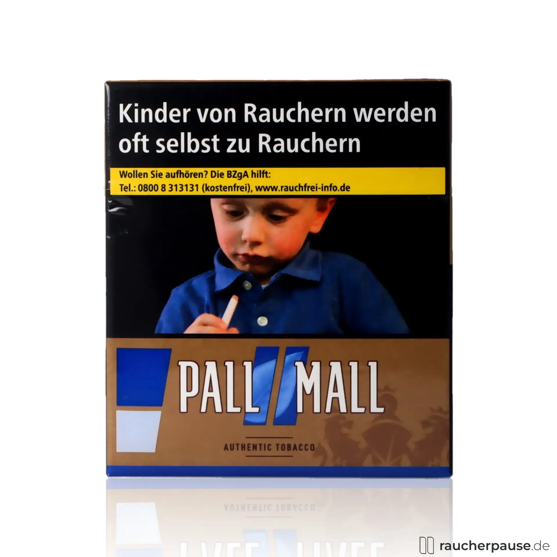 Pall Mall Authentic Blue Xtra, 35 Stk. pro Packung, quadratische Box mit blau-braunem Design und modernem Logo in blauem und weißem Text.