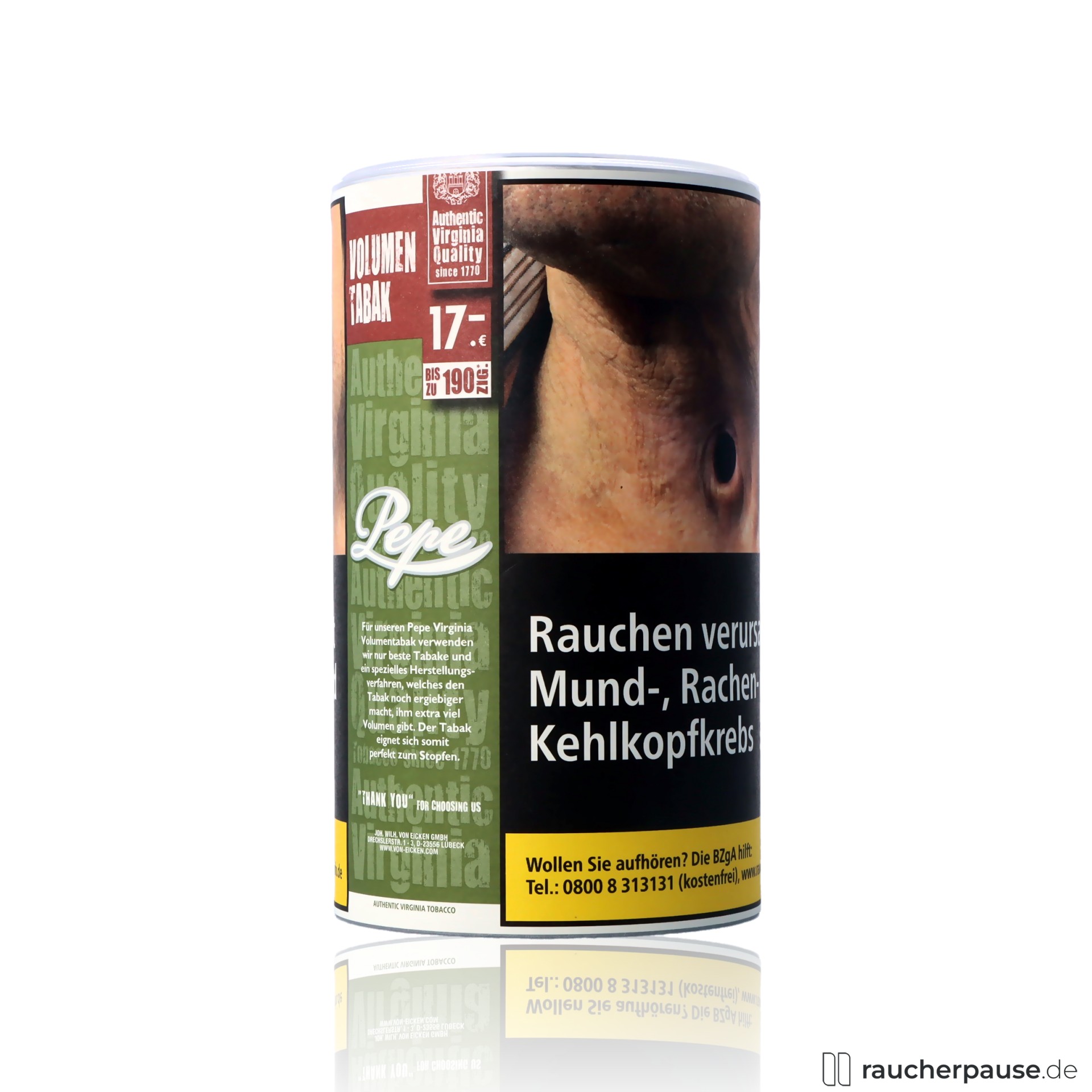 rich green volumentabak 83g dose prozent virginia natuerlich zusatzfrei , packshot hinterseite