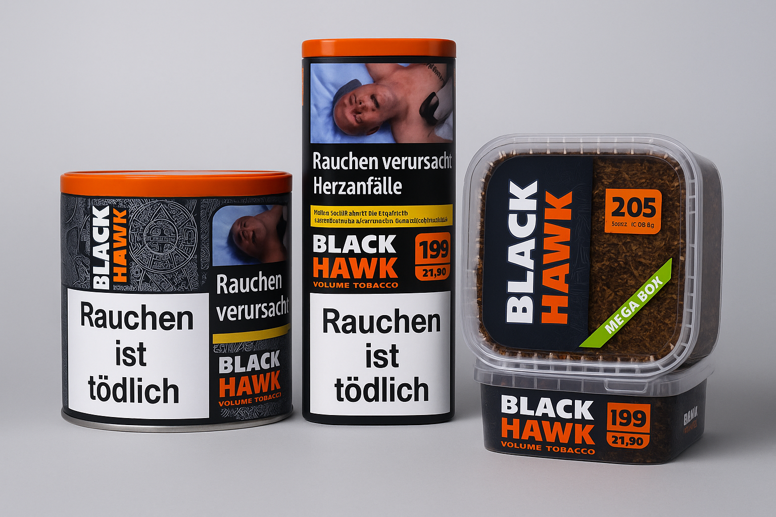 3 verschiedene Sorten und Dosengrößen Black Hawk Tabak