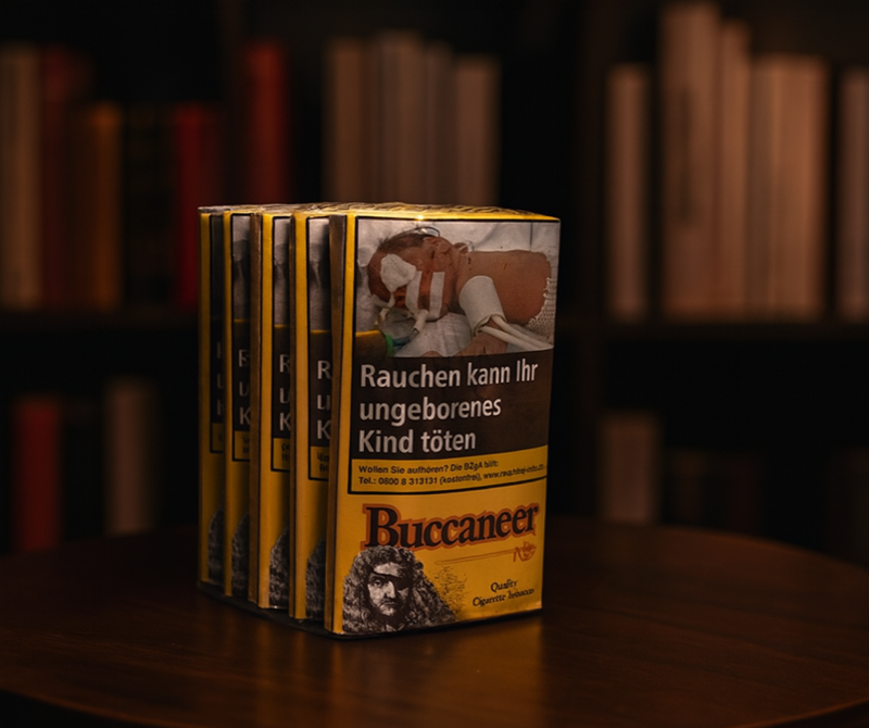 Drei Buccaneer Tabak Packungen vor einem Bücherschrank