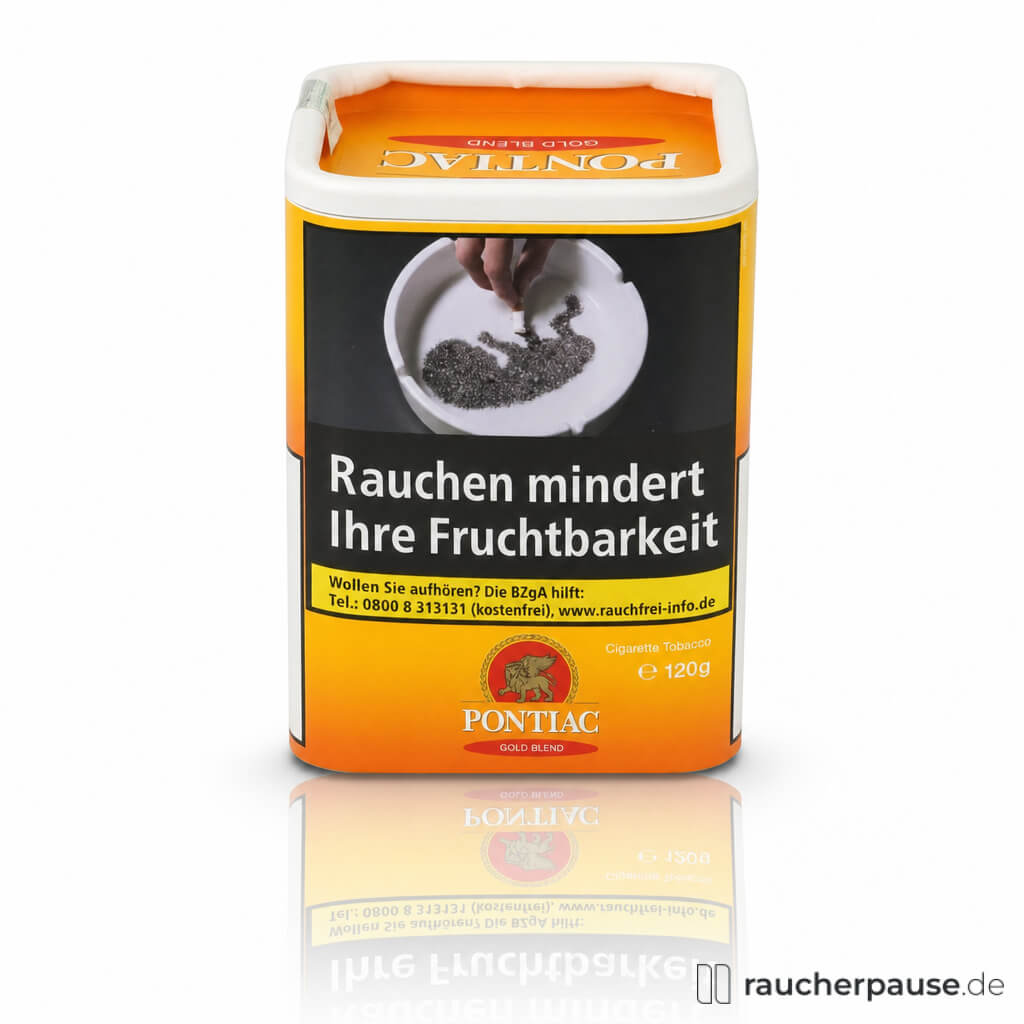 Orangefarbene quadratische Dose mit rotem Pontiac Gold Blend Logo und Aschenbecher-Motiv auf schwarzem Hintergrund, 120g Feinschnitt.