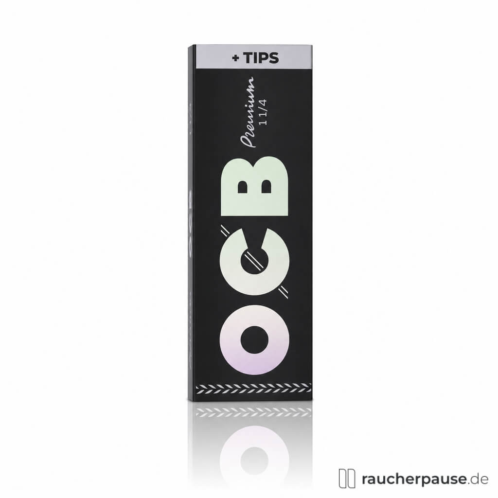 OCB Premium Schwarz 1 1/4 Zigarettenpapier mit Tips in einer schwarz-weißen, hoch und schmalen Box mit großem, farbveränderndem Logo auf der Vorderseite.