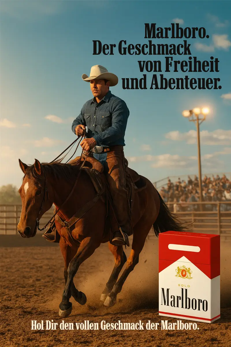 Marlboro Gold Zigarettenpackung und Cowboy auf einem Pferd, symbolisieren Freiheit und Abenteuer, im Kontext von mildem Tabakgeschmack und Raucherpause.