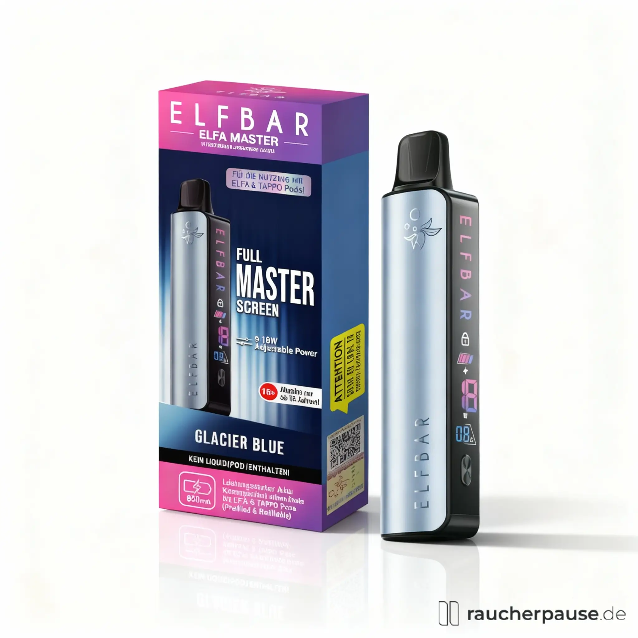 ELFBAR ELFA Master 850 mAh Akku in Glacier Blue, verpackt in einer modernen, minimalistischen Box mit silbernem und schwarzem Logo in Blau und Lila.