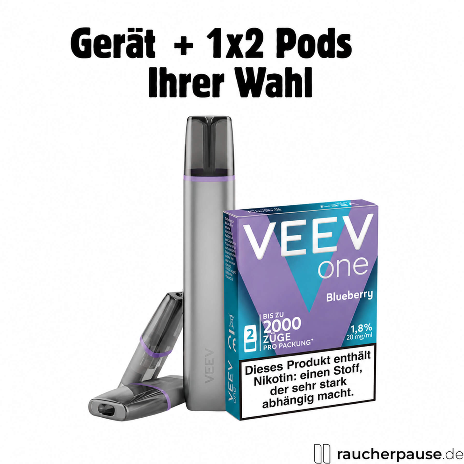 VEEV One Starterdeal mit blau-lila Verpackung und modernem Design, inklusive 1 Gerät und 2 gratis Blueberry Pods.