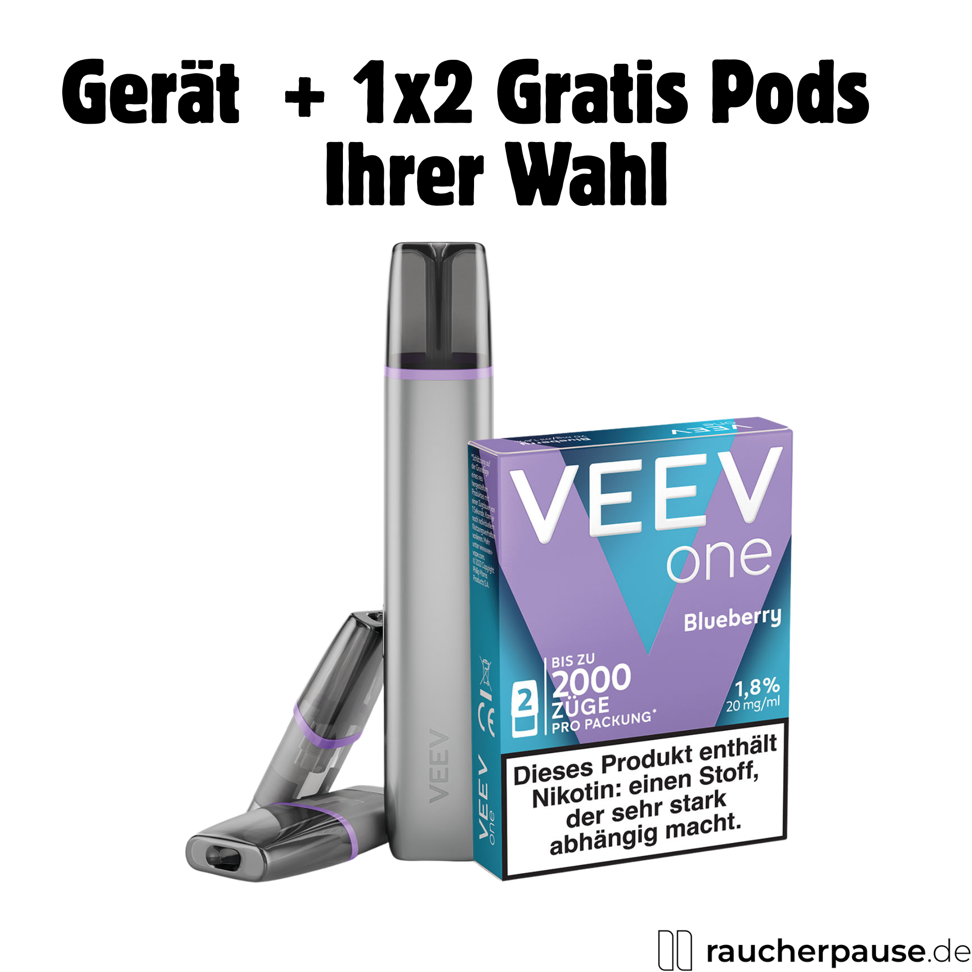 VEEV One Starterdeal mit blau-lila Verpackung und modernem Design, inklusive 1 Gerät und 2 gratis Blueberry Pods.