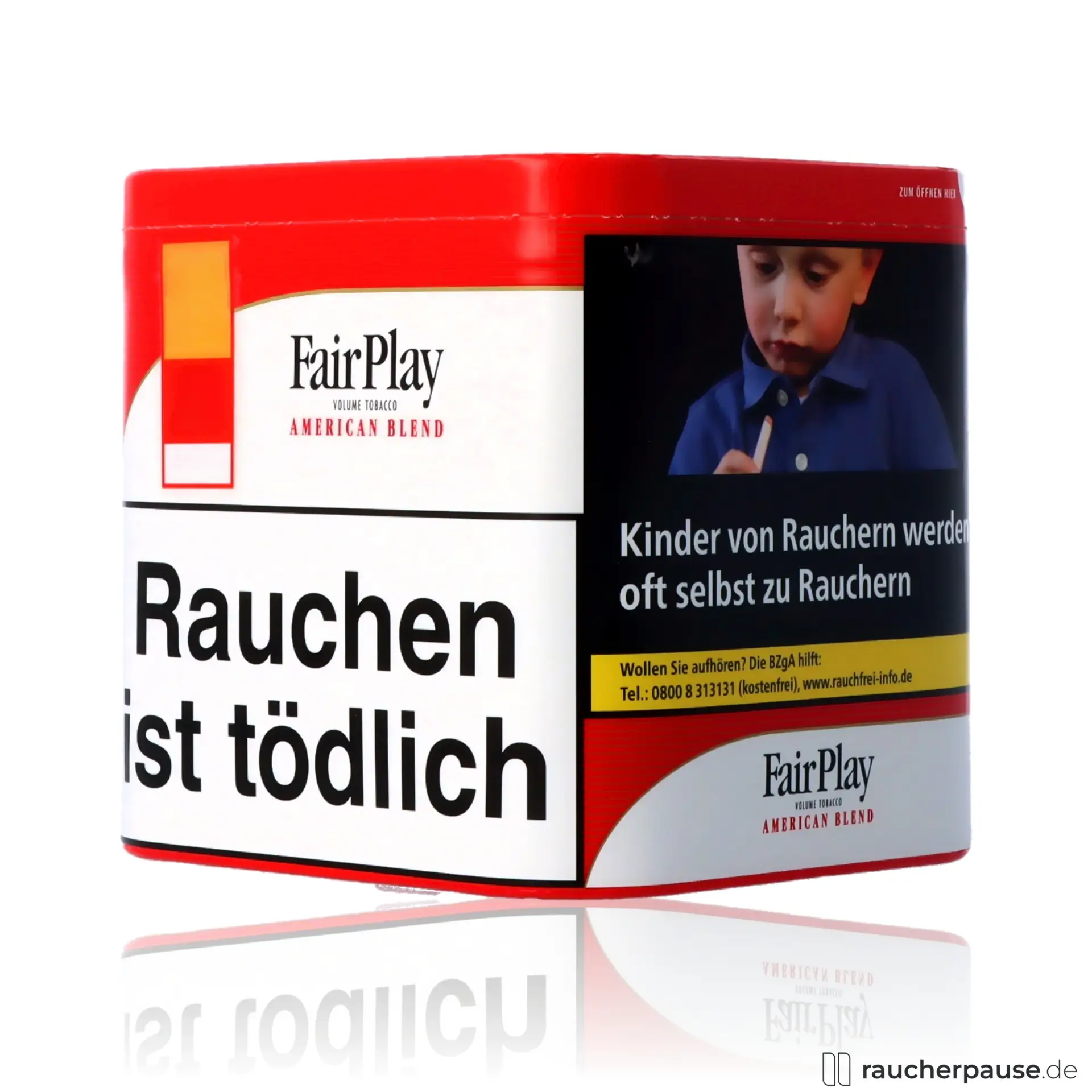 FairPlay XL Volumentabak 38g Box American Blend Burley, Virginia, Orient in quadratischer Dose mit rotem Deckel, weißem Boden und gelb-orangefarbenem Streifen.