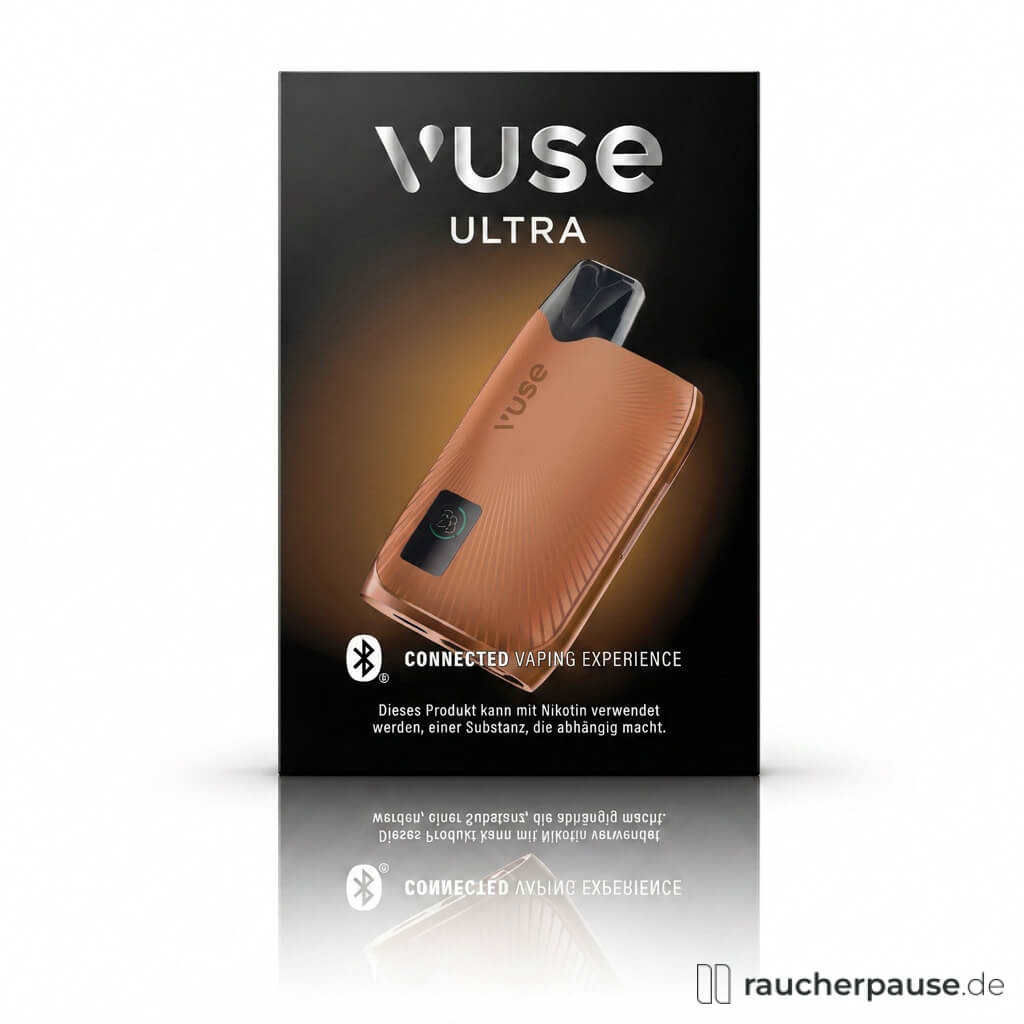 Vuse ULTRA E-Zigarette Kit in schmaler, hochformatiger schwarzer Box mit silbernem Logo und braunem, glänzendem Design, Copper.