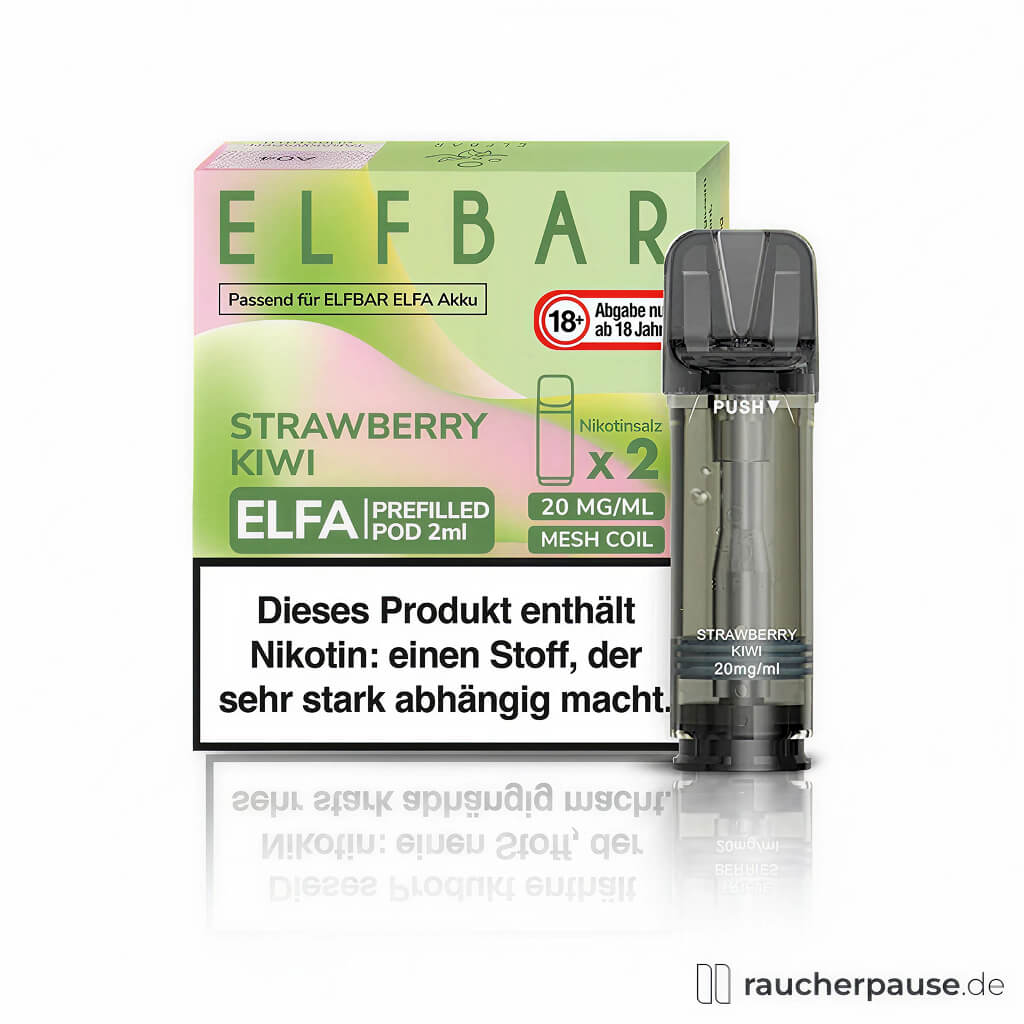 Elf Bar Elfa Prefilled Pods Strawberry Kiwi 20mg/ml Nikotin in grün-pinker quadratischer Box mit großem ELF BAR Logo und transparenten Pods mit schwarzer Deckelklappe.