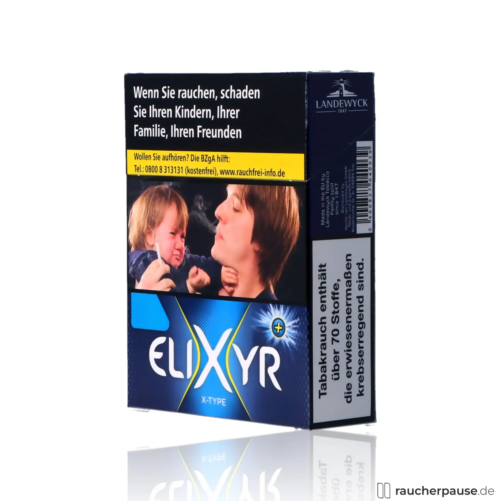 Die Elixyr+ X-Type Zigaretten, 24 Stk. pro Packung, King-Size mit Flow-Filter, präsentieren sich in einer modernen Verpackung mit dunkelblauem Hintergrund, gelbem Streifen und hellblauem Logo.