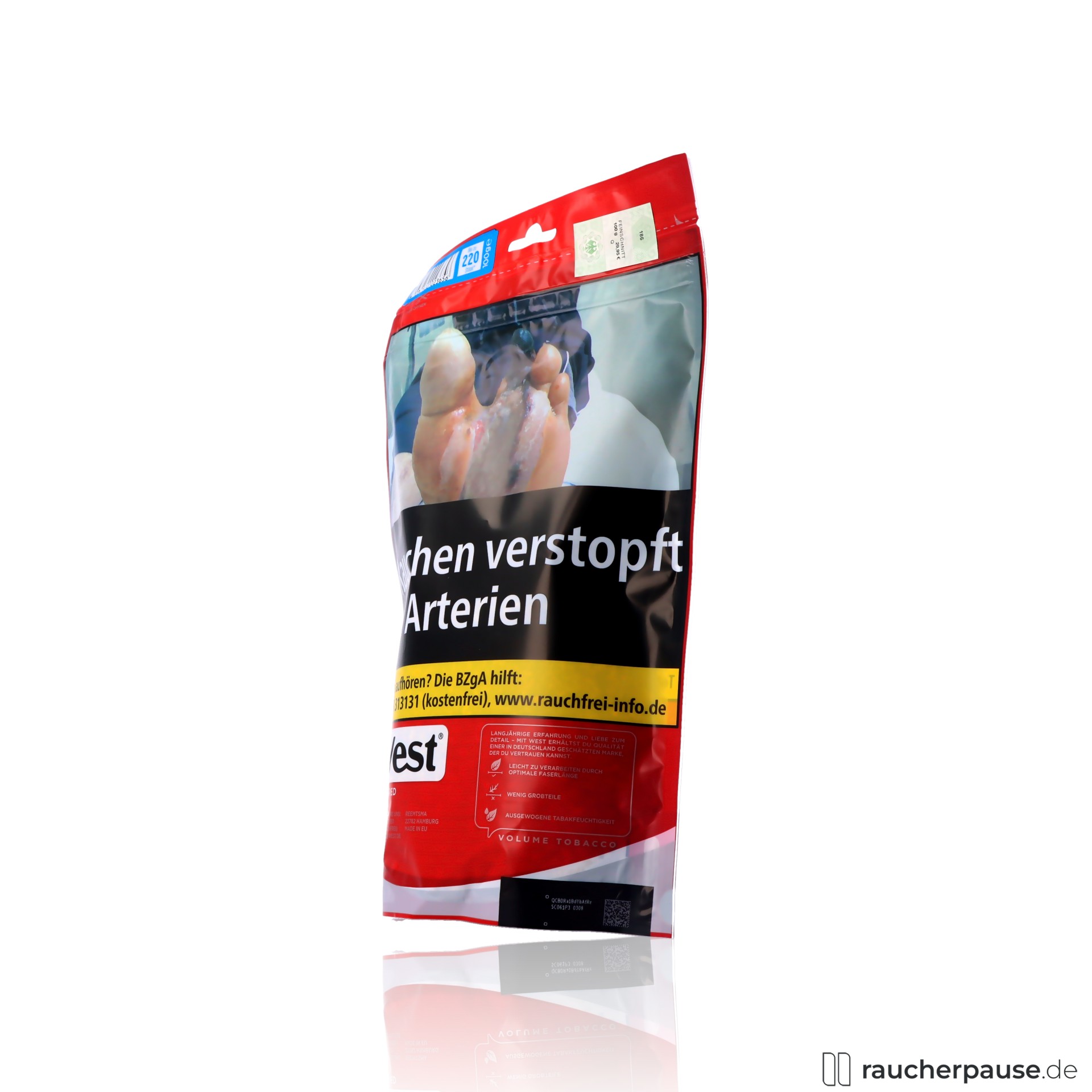west red volumentabak 85g beutel locker fuellig zum zigarettenstopfen , packshot hinterseite