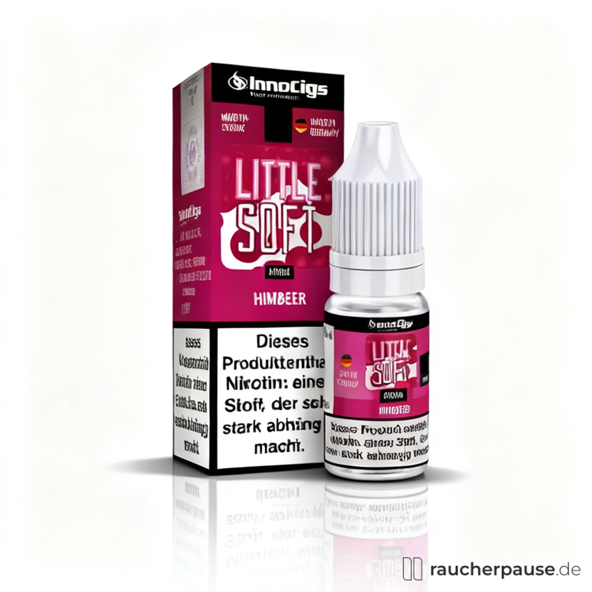 Quadratische Verpackung von InnoCigs Little Soft Himbeer Liquid für E-Zigarette, 10ml Flasche mit transparentem Inhalt und rotem, schwarzem Etikett mit weißem Logo, 0mg Nikotin.