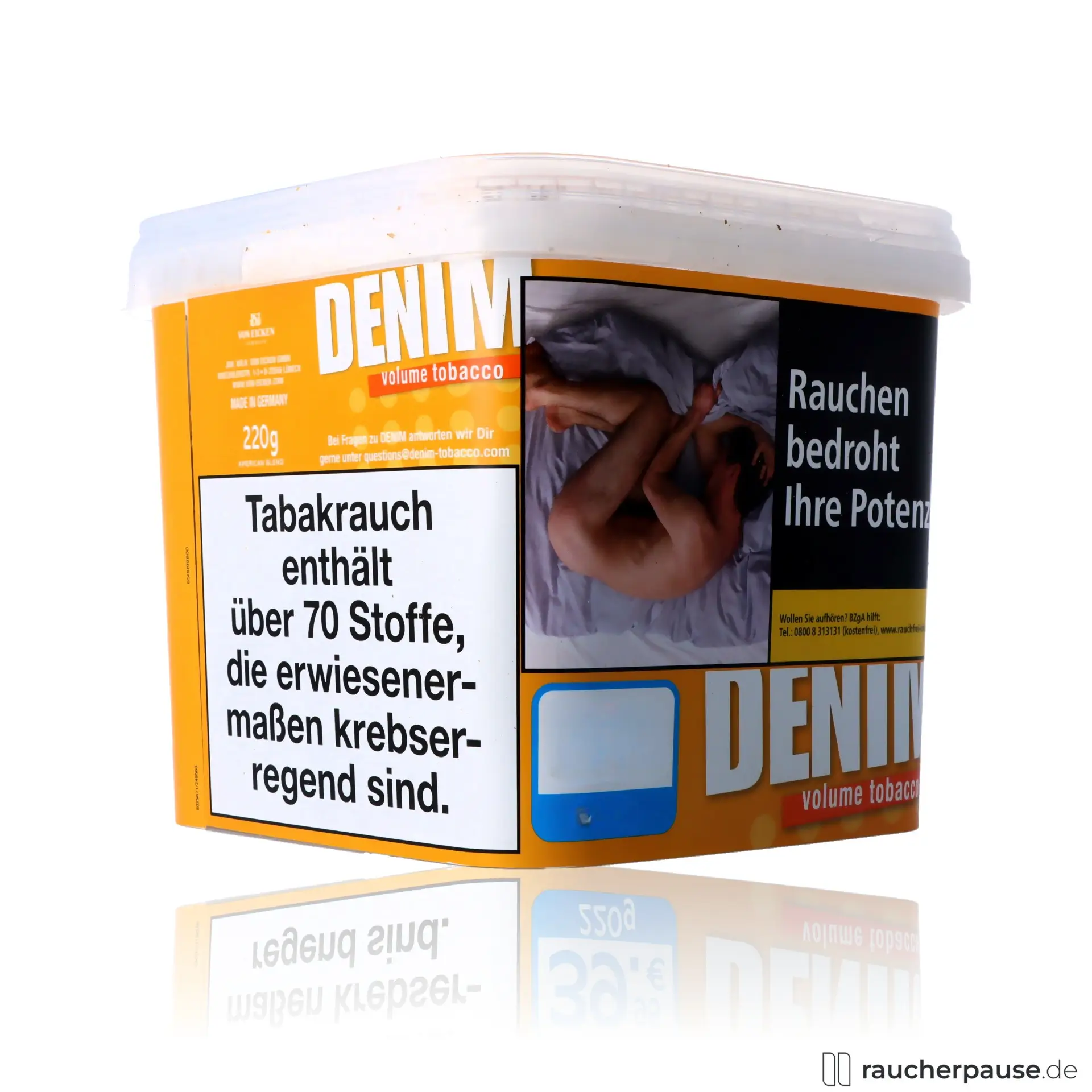 Denim Volumentabak Mega Box, 210g Eimer, Virginia & Burley Mix in einer großen, weißen Dose mit schwarzen und goldenen Akzenten.