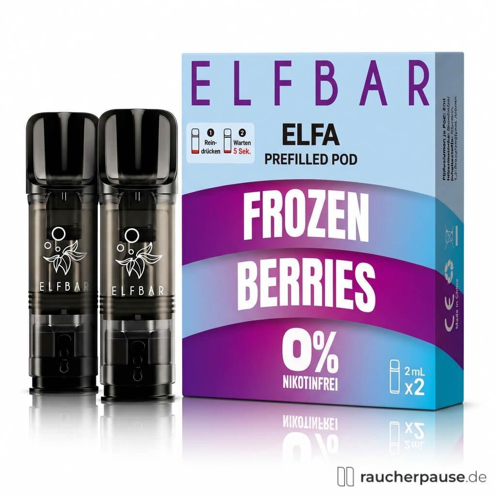 Elf Bar ELFA Prefilled Pods Frozen Berries, nikotinfrei, in blau-violetter Verpackung mit schmalen schwarzen Pods und großem ELF BAR-Logo.