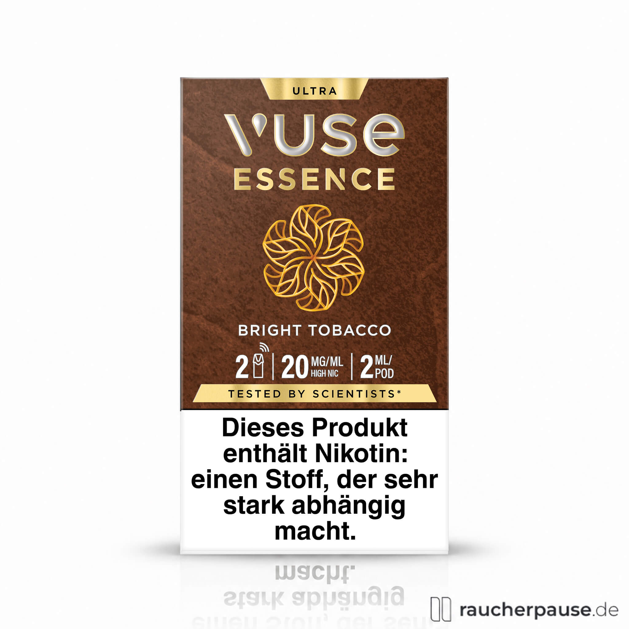 Vuse Pods Bright Tobacco, 20 mg/ml Nikotin, 2 Pods in einer eleganten braunen Box mit goldenem Logo und stilisiertem Blumenmuster.
