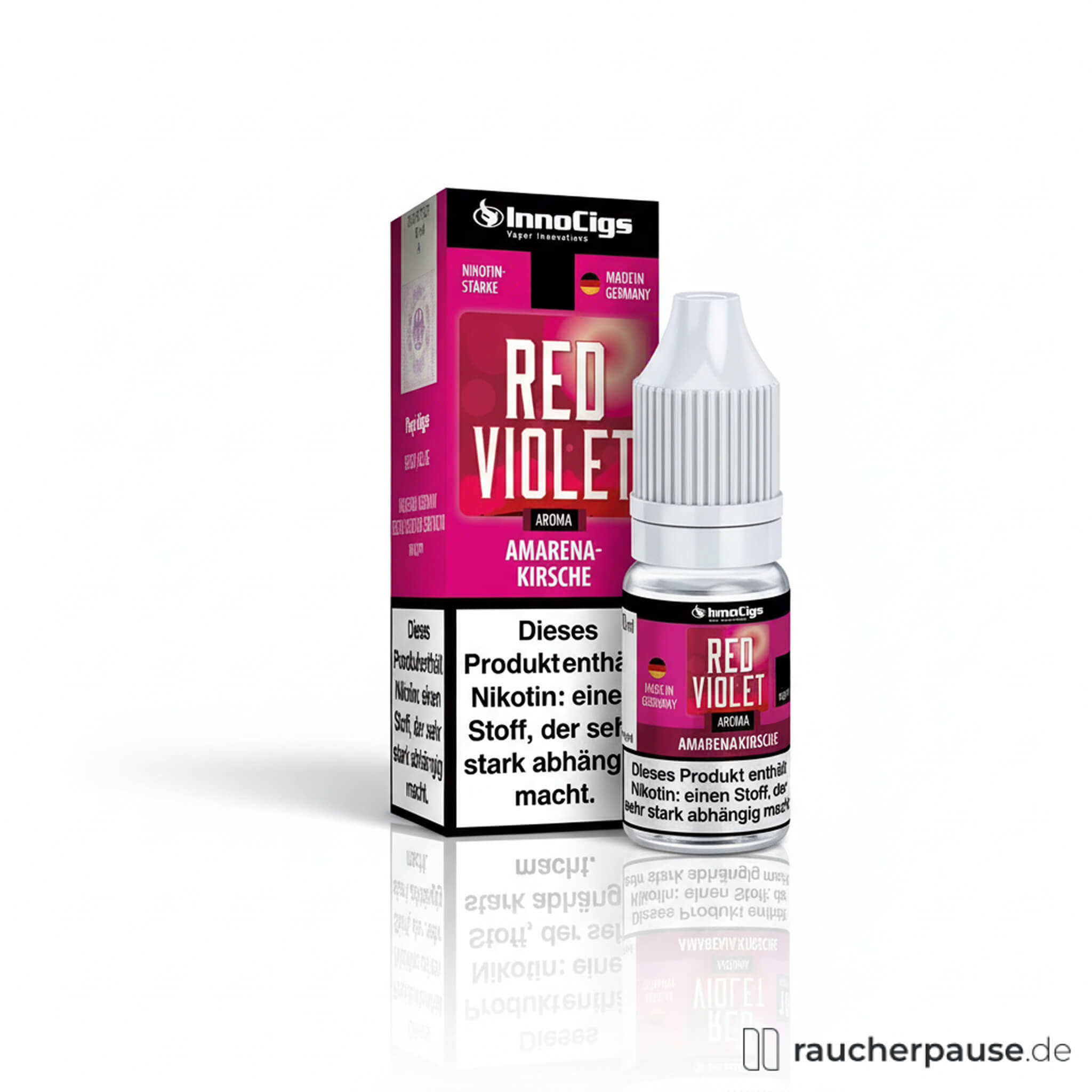InnoCigs Red Violet E-Liquid für E-Zigarette in pinkfarbener quadratischer Dose mit Logo und weißem Deckel, 10 ml, Amarenakirsche & dunkle Früchte, 0 mg Nikotin.