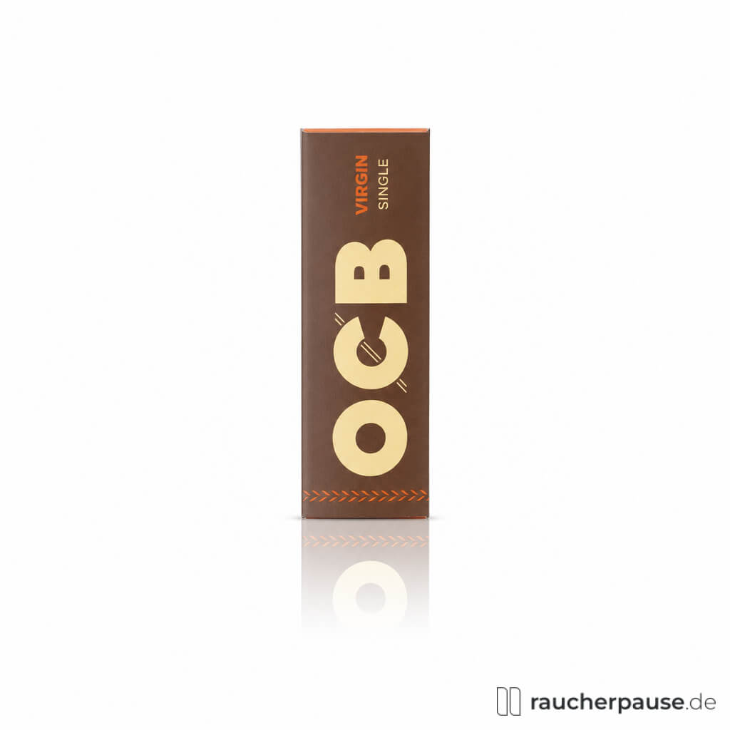 OCB Virgin Unbleached Zigarettenpapier, 50 Blättchen, in einer hochgestellten Box mit orangefarbenem Rand und gelbem Logo auf braunem Hintergrund.
