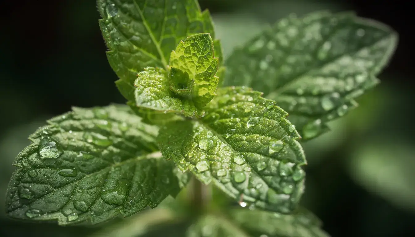 Die frischen grünen Minzblätter mit Wassertropfen liegen auf einem dunklen Hintergrund und vermitteln ein Gefühl von Frische und Lebendigkeit.