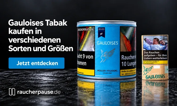 Gauloises Tabak günstig kaufen – aktuelle Sorten vergleichen Gauloises Mélange Hellblau Dose und Source Bronze Pouch mit Hinweis Jetzt entdecken